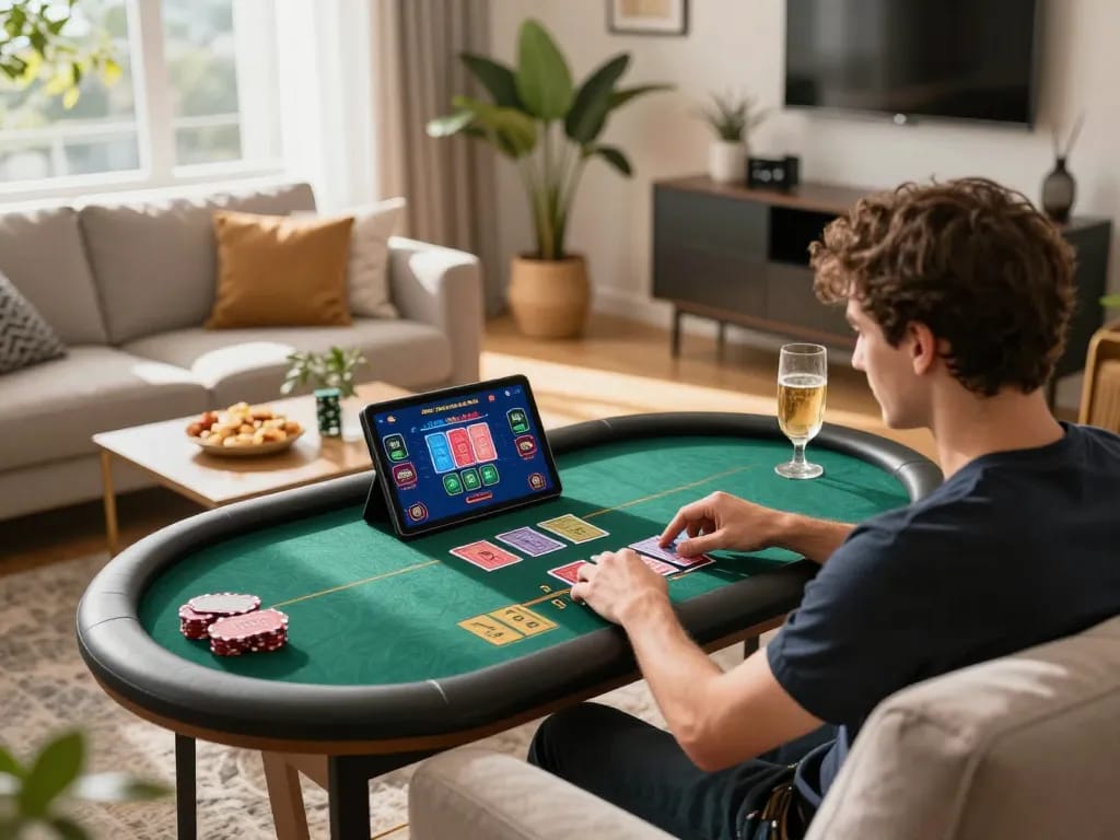 Player enjoying bin88 live dealer game on tablet in a modern home setting with snacks.