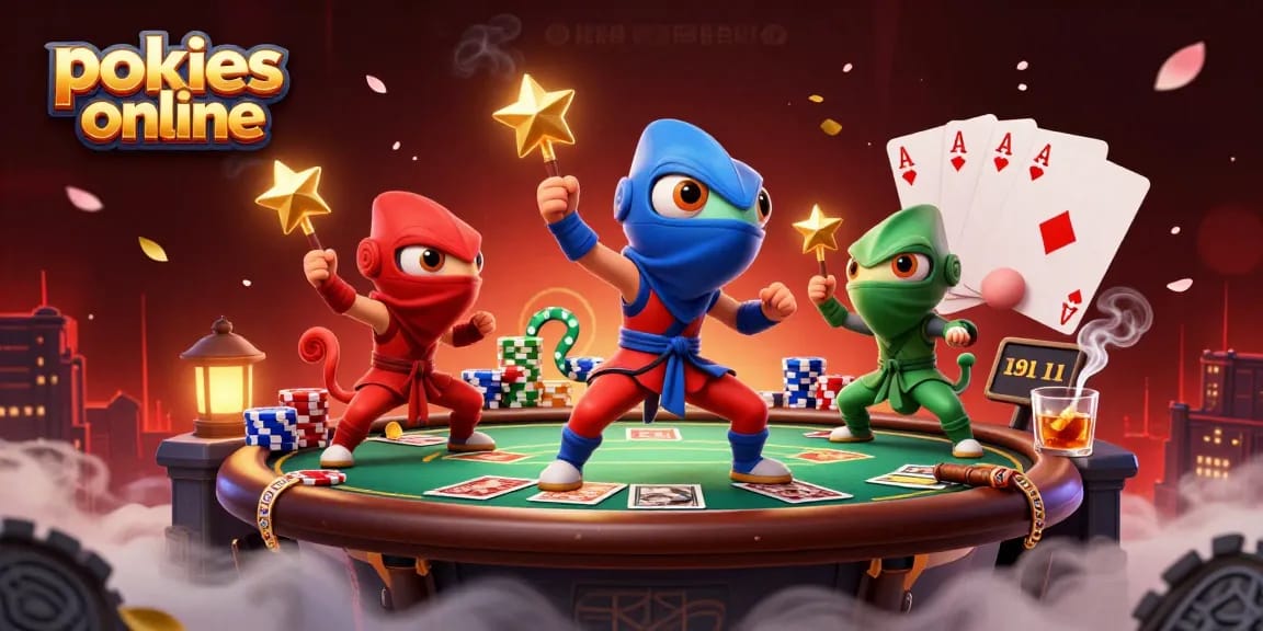 Experience the thrill of pokies online with a colorful chameleon team performing exciting martial arts in a vibrant casino scene