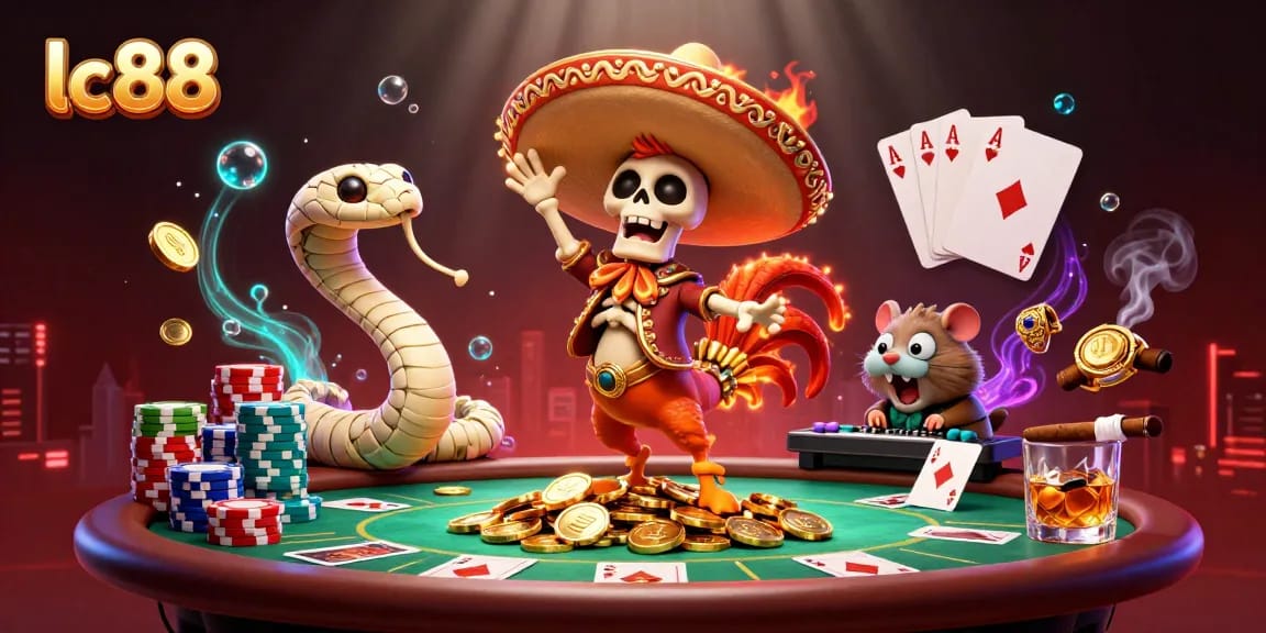 Spin to win with lc88: A vibrant casino scene featuring poker action and lively characters.