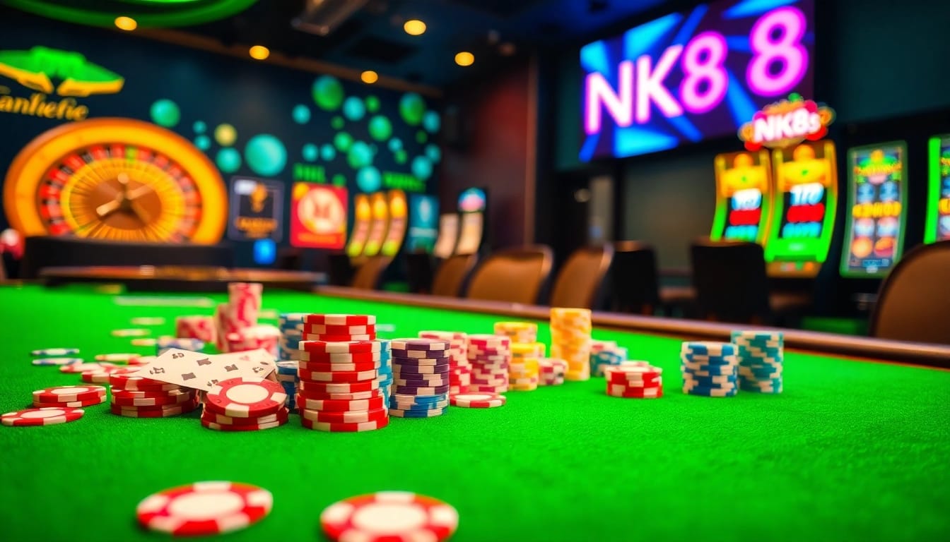 NK88 casino scene depicting poker chips, cards, and a roulette wheel in an upscale environment