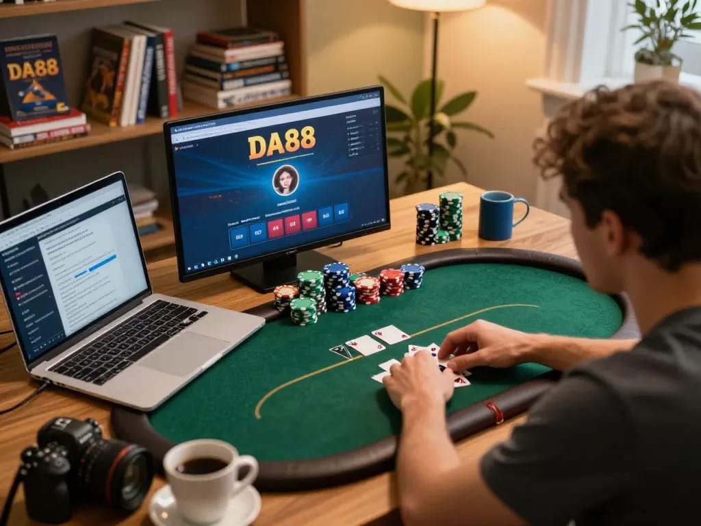 Player engaged in online poker using DA88 interface at home, with strategy notes and colorful chips on the table.