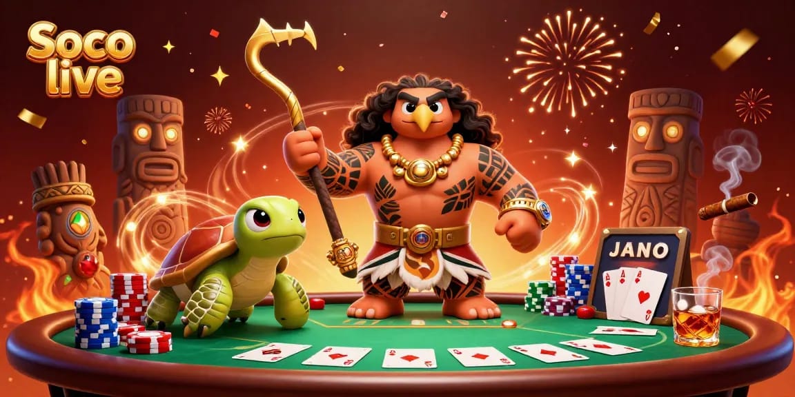 Bet on Soco live as a demigod hawk and turtle play poker amidst a vibrant casino.
