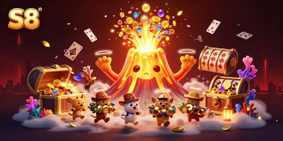 S8 players spinning the golden jackpot reels, winning treasures from a magical volcano