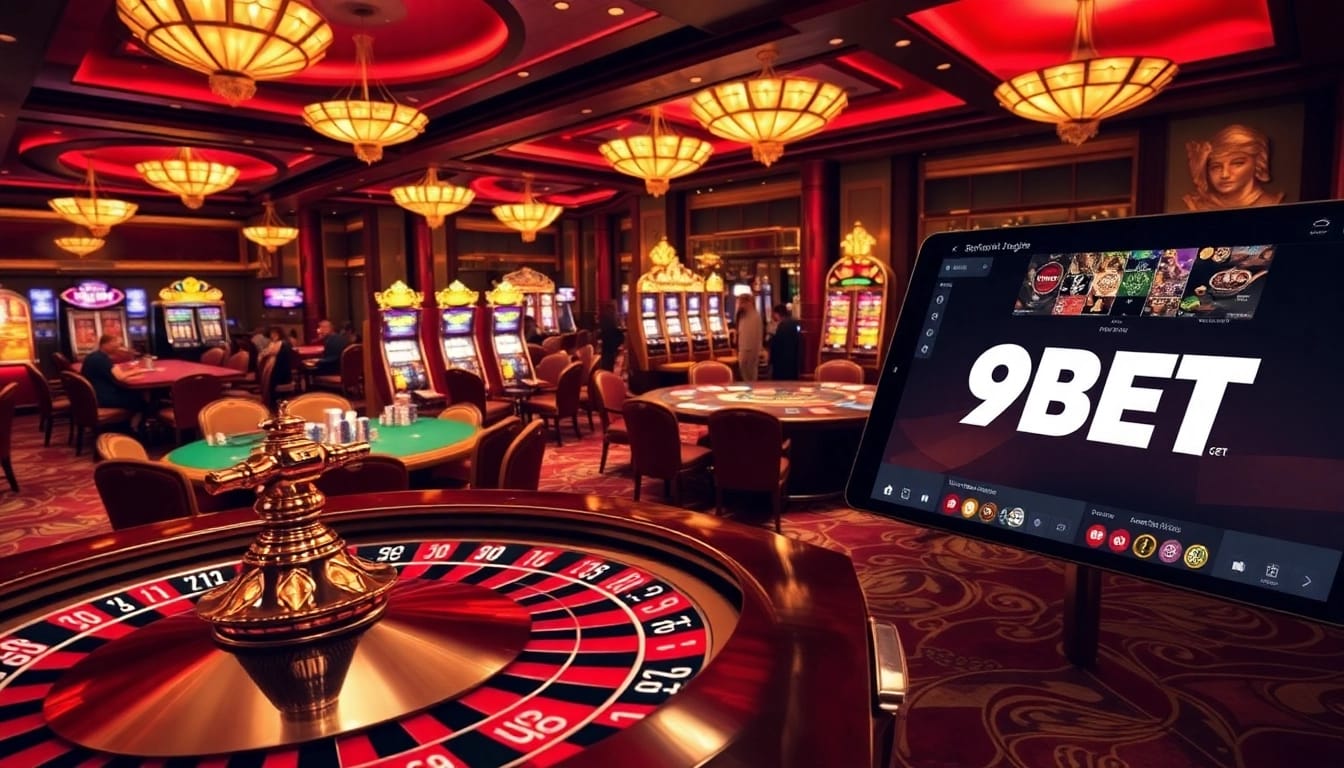 Experience the thrill of 9BET with vibrant casino games, roulette wheels, and engaging players.