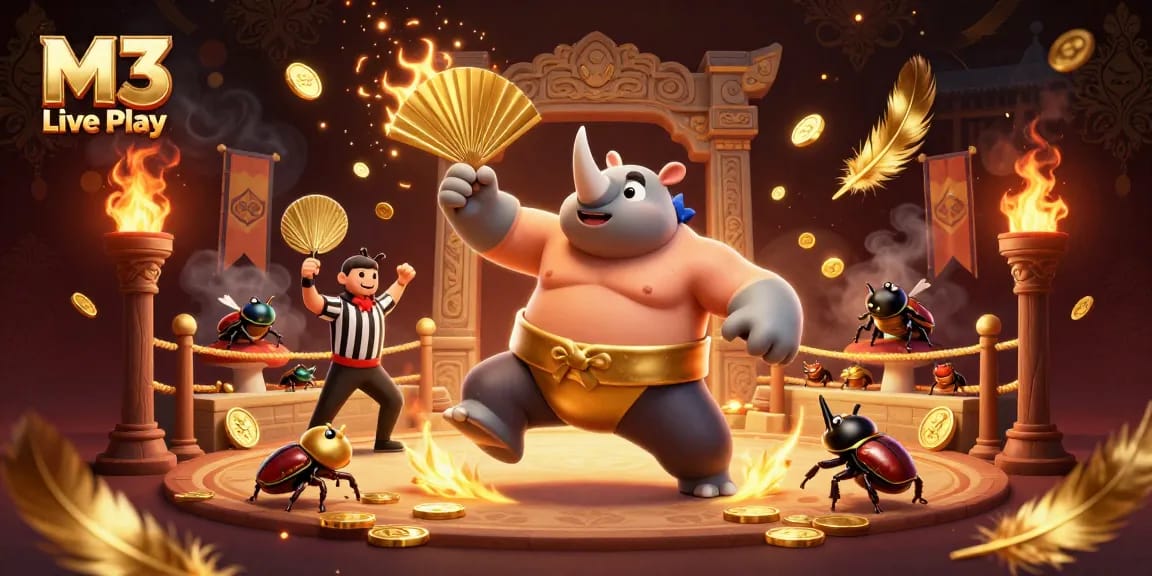 M3 Live Play showcases a vibrant 3D beetle sumo battle with coins flying for top casino thrills.