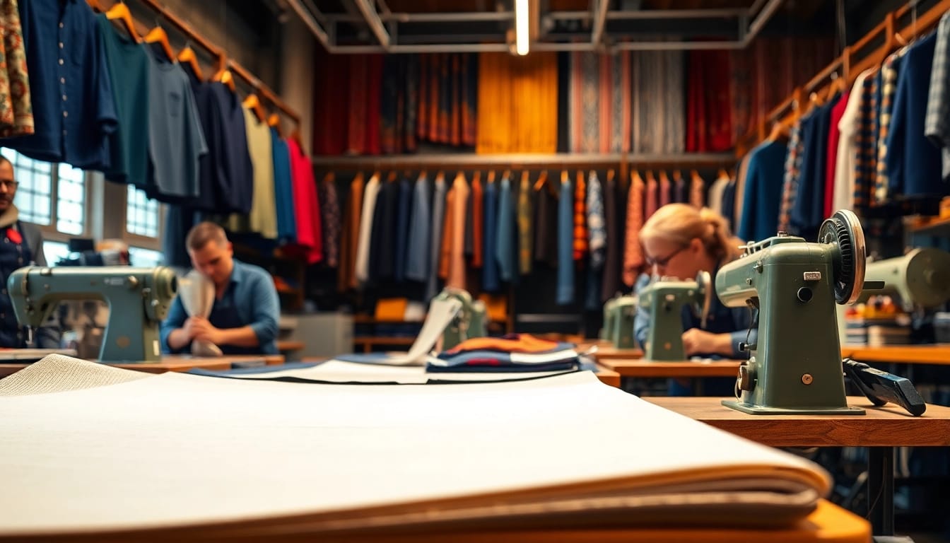 Custom Clothing Manufacturer showcasing artisans crafting unique garments in a vibrant workshop.