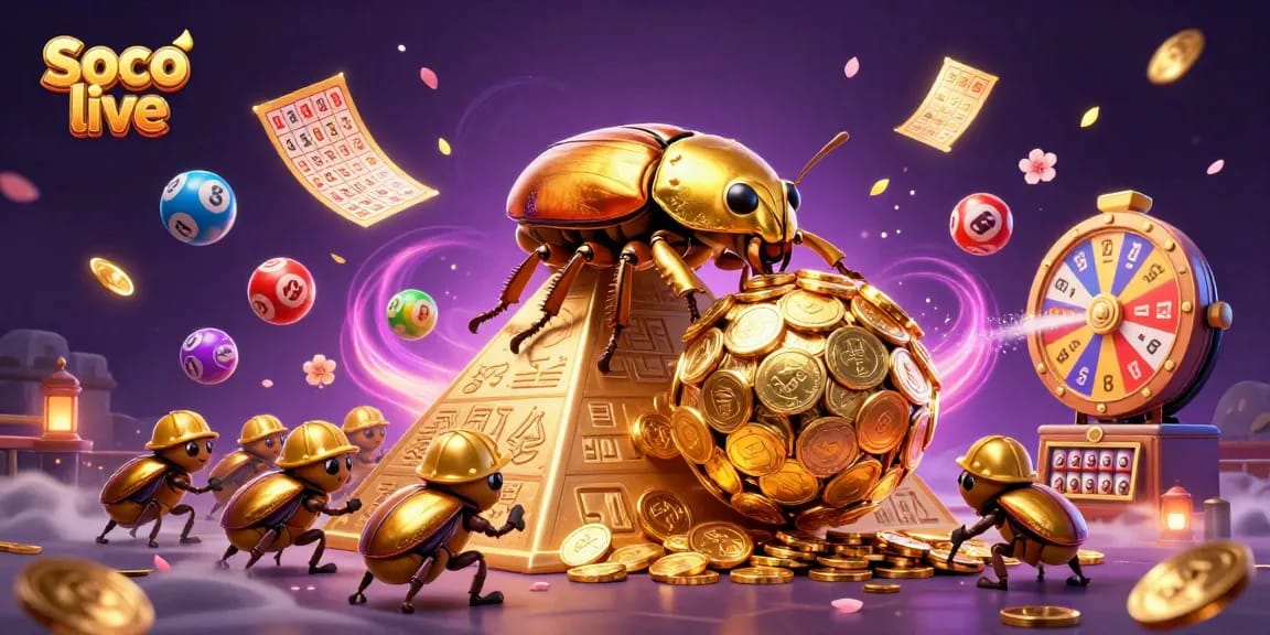 Experience Soco live with a vibrant casino scene featuring a golden dung beetle and lively gaming elements