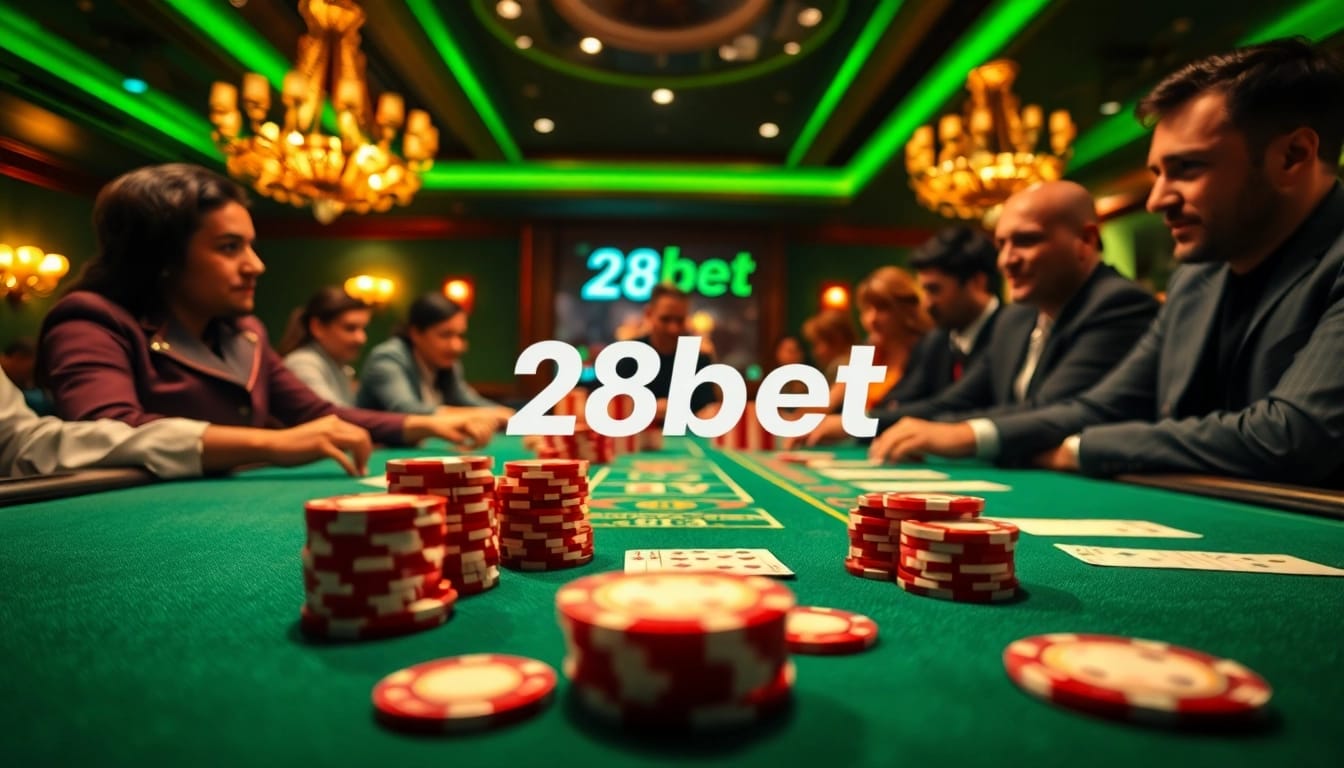 Players enjoying a high-stakes poker game at 28bet, showcasing thrilling casino excitement and digital interface.