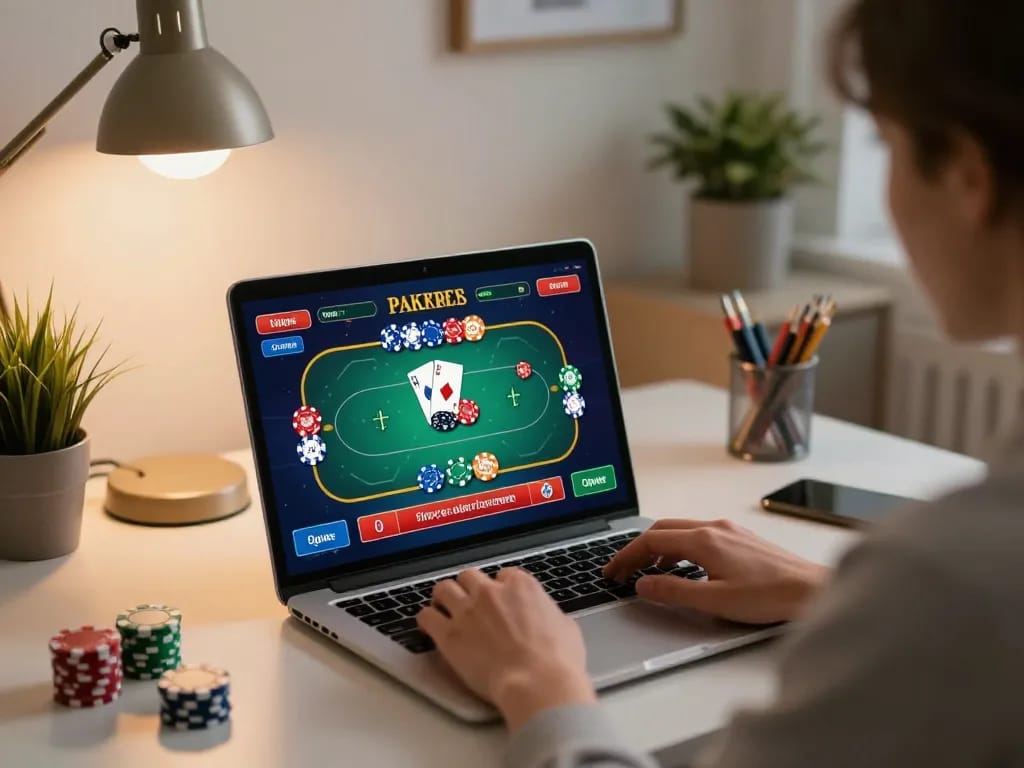 Oxbet player engaging with online poker game on stylish laptop in relaxing home office