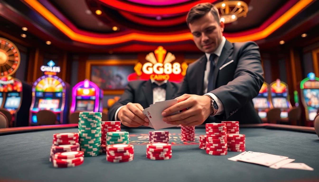 GG88 gaming atmosphere with vibrant casino tables and professional dealers for thrilling experiences