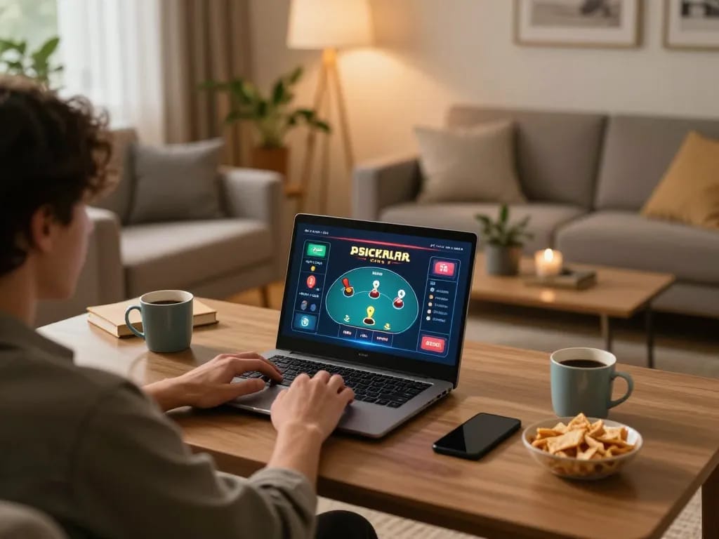 Experience online gambling at https://kp8888.net/ with a cozy home setup featuring poker gameplay on a laptop