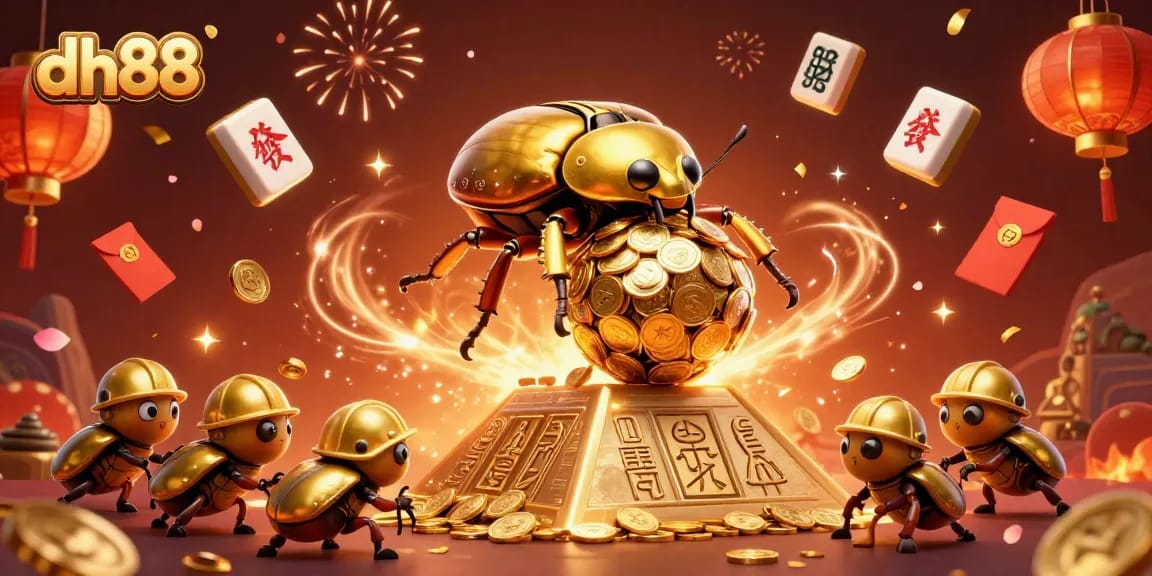 Experience thrilling gameplay with dh88, featuring vibrant illustrations of golden casino actions and festive elements.