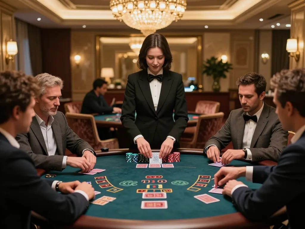 Experience the thrilling blackjack game at Da88 VIP casino, where high-stakes players engage with a professional dealer.