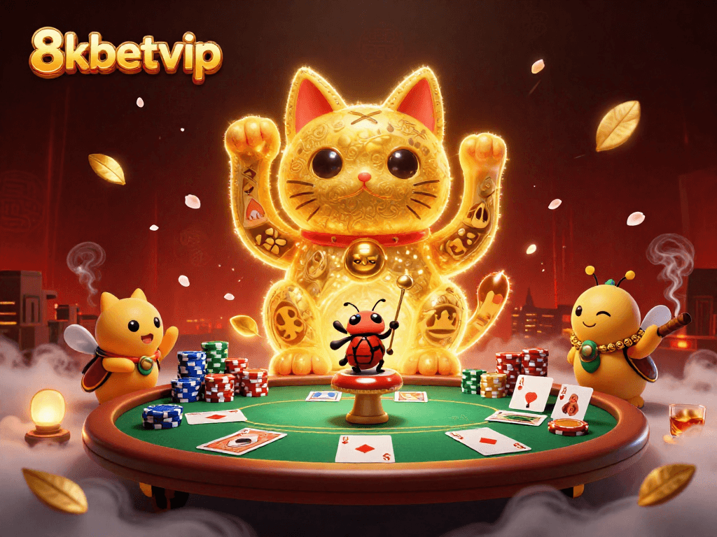 Experience dynamic gameplay with 8kbetvip’s vibrant casino scene showcasing a lucky cat and poker elements.