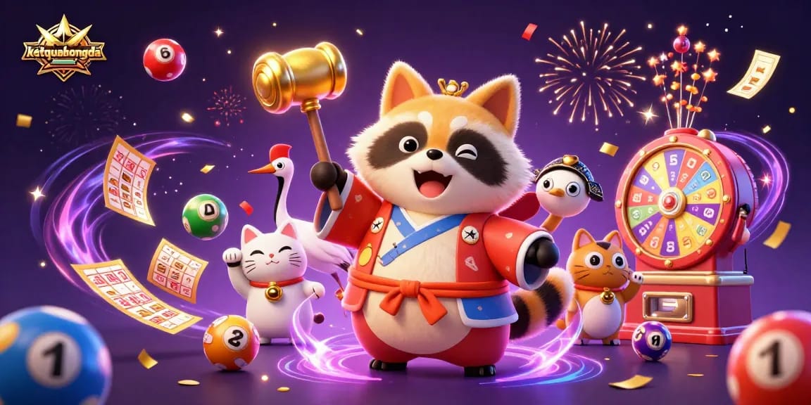Engage with ketquabongda in this lively depiction of a tanuki and friends celebrating with colorful lottery elements.
