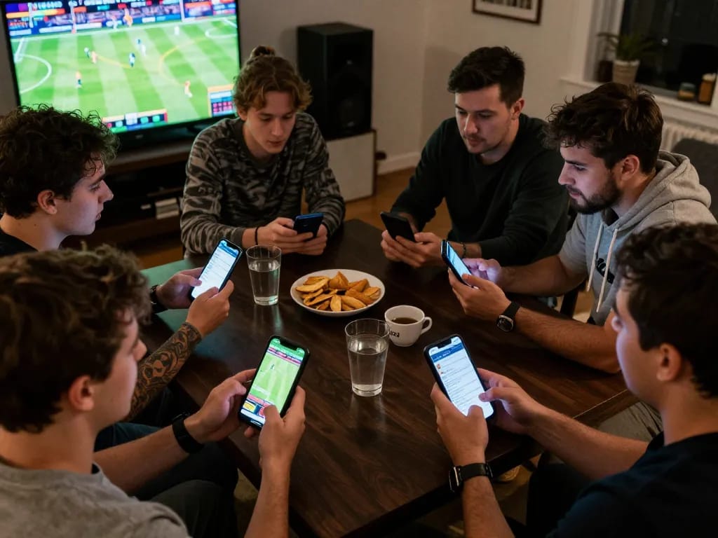 Sky88 sports betting scene with friends analyzing odds and enjoying the game