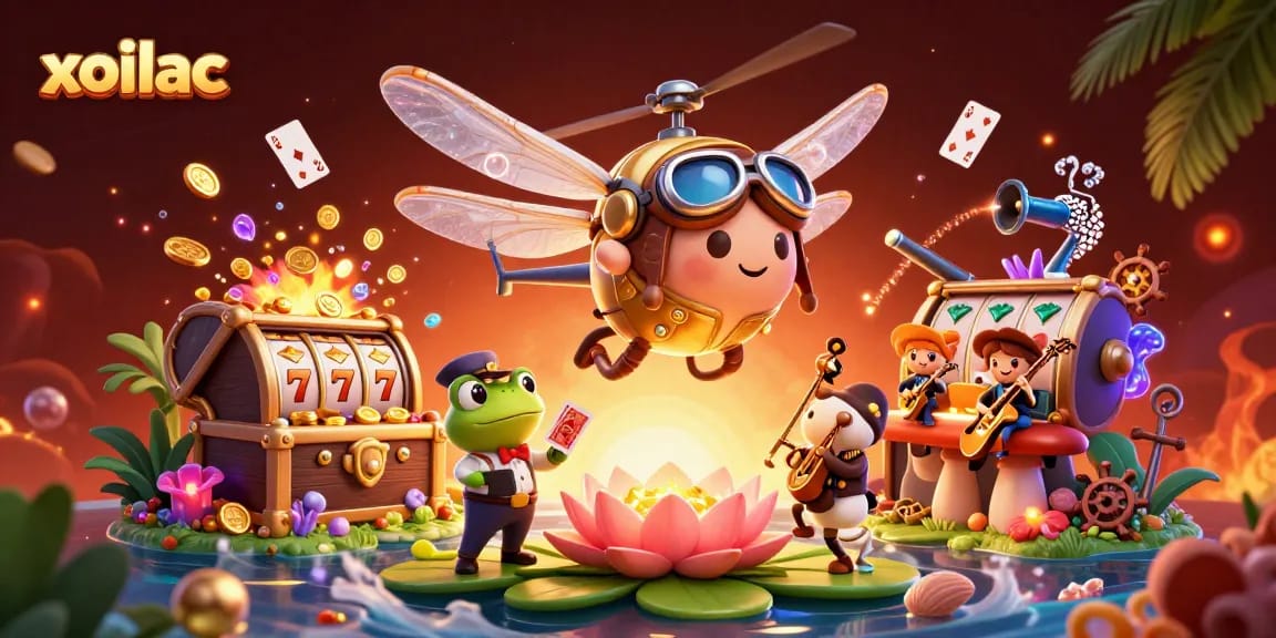 Xoilac's lively casino scene showcases a dragonfly helicopter pilot, frog croupier, and jazz cricket musicians.