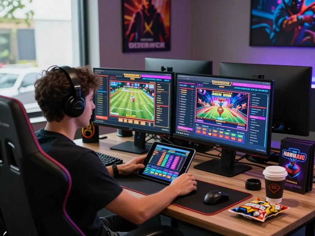 Engaging online betting experience with MAY88 featuring vibrant games and a modern gaming setup.
