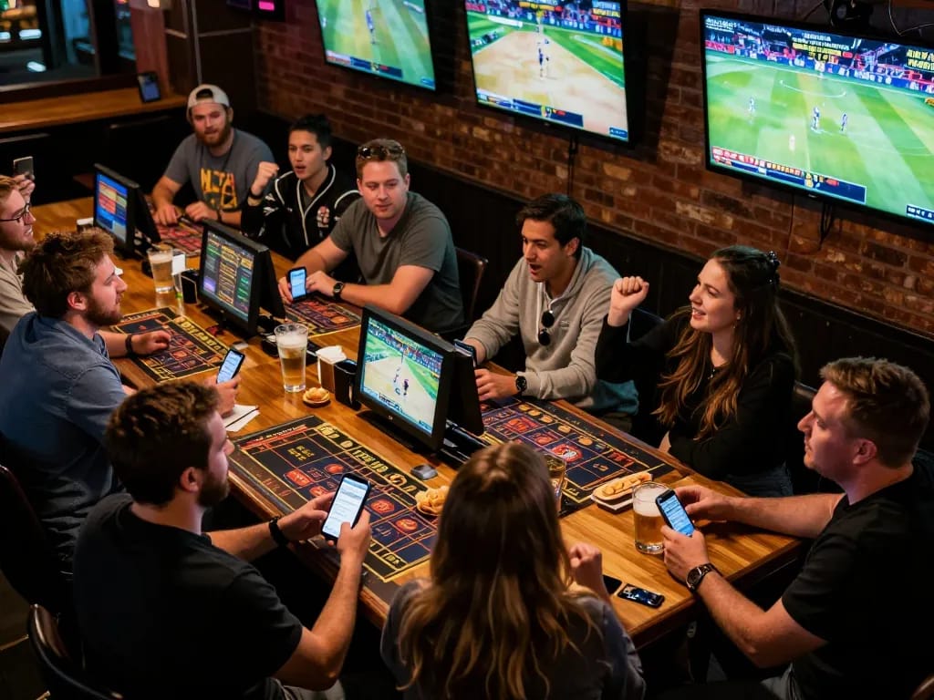 Red88 patrons engaged in sports betting action with mobile devices in a lively bar setting