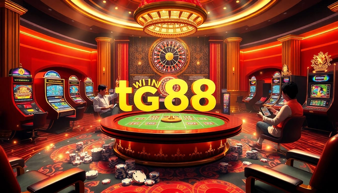 Tg88 win showcased in a glamorous casino scene with players enjoying thrilling games and vibrant slot machines.