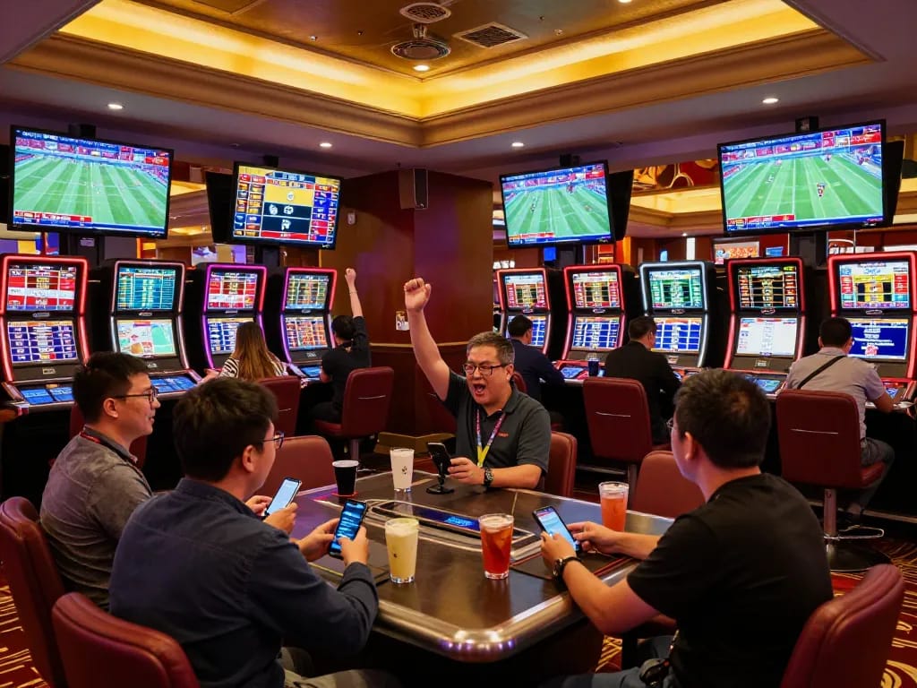 rikbet fans placing bets in a lively sports betting lounge with multiple screens