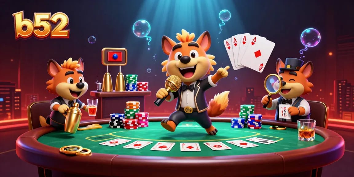 B52 hyenas casino scene with a stand-up comedian and bouncer, showcasing vibrant poker action.