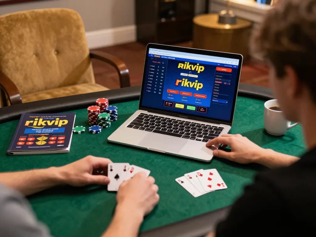 Engaging with the rikvip platform on a laptop at home, illustrating the online gaming experience.