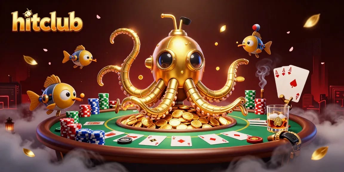 Hitclub players enjoying thrilling poker moments in a vibrant casino scene filled with golden coins.