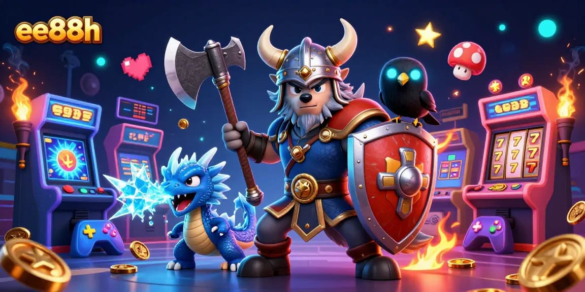 Join the adventure at ee88h with a Viking wolf warrior and dragon in a vibrant casino setting.