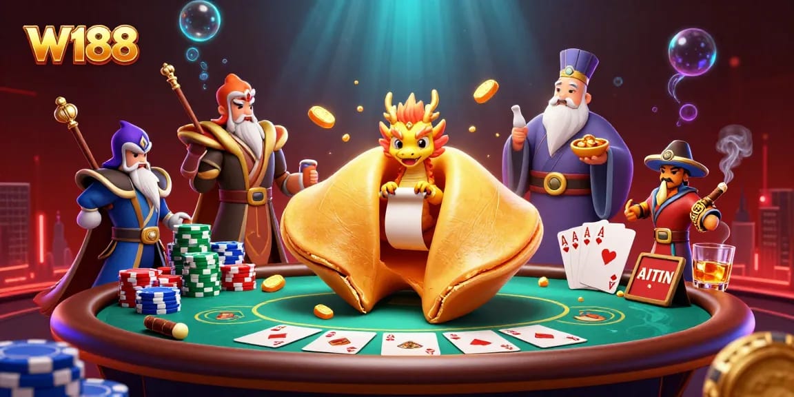 Engage with W188 as a tiny wise dragon unveils fortune scrolls amidst a vibrant casino scene.