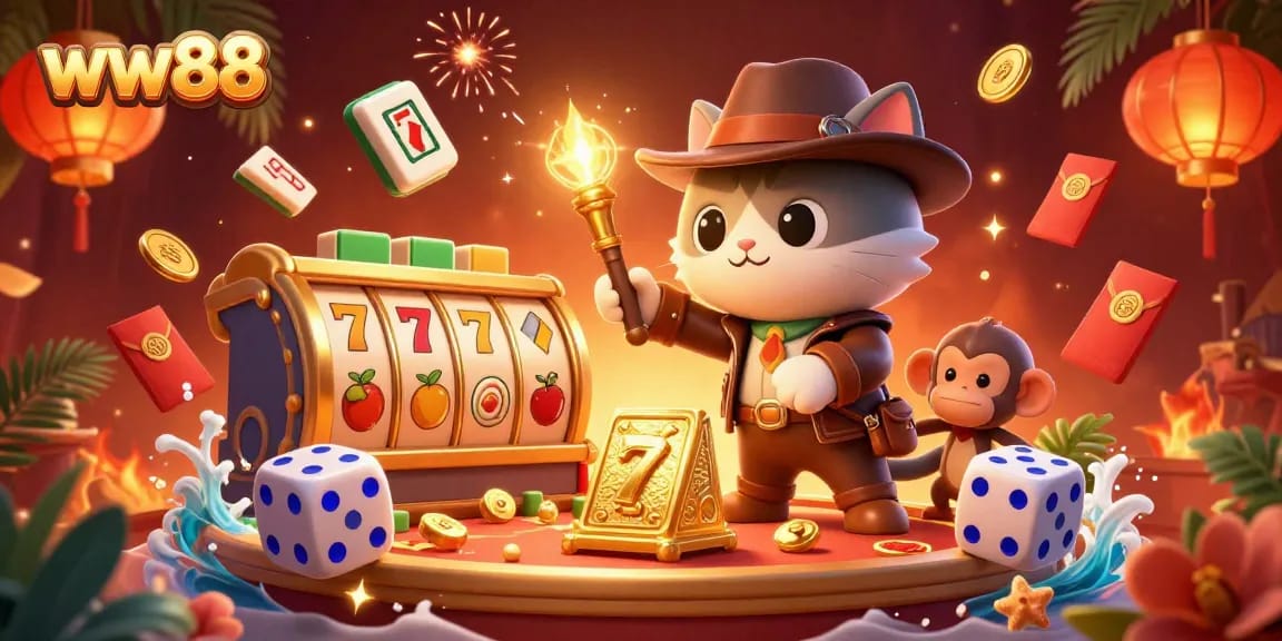 Engage with the thrilling ww88 casino atmosphere featuring an explorer cat and monkey discovering treasures.