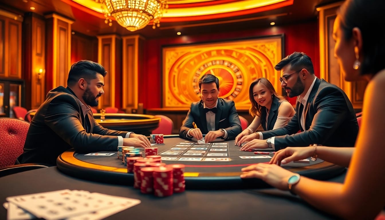 Engaged players showcasing excitement at the VN789 casino table with chips and cards.