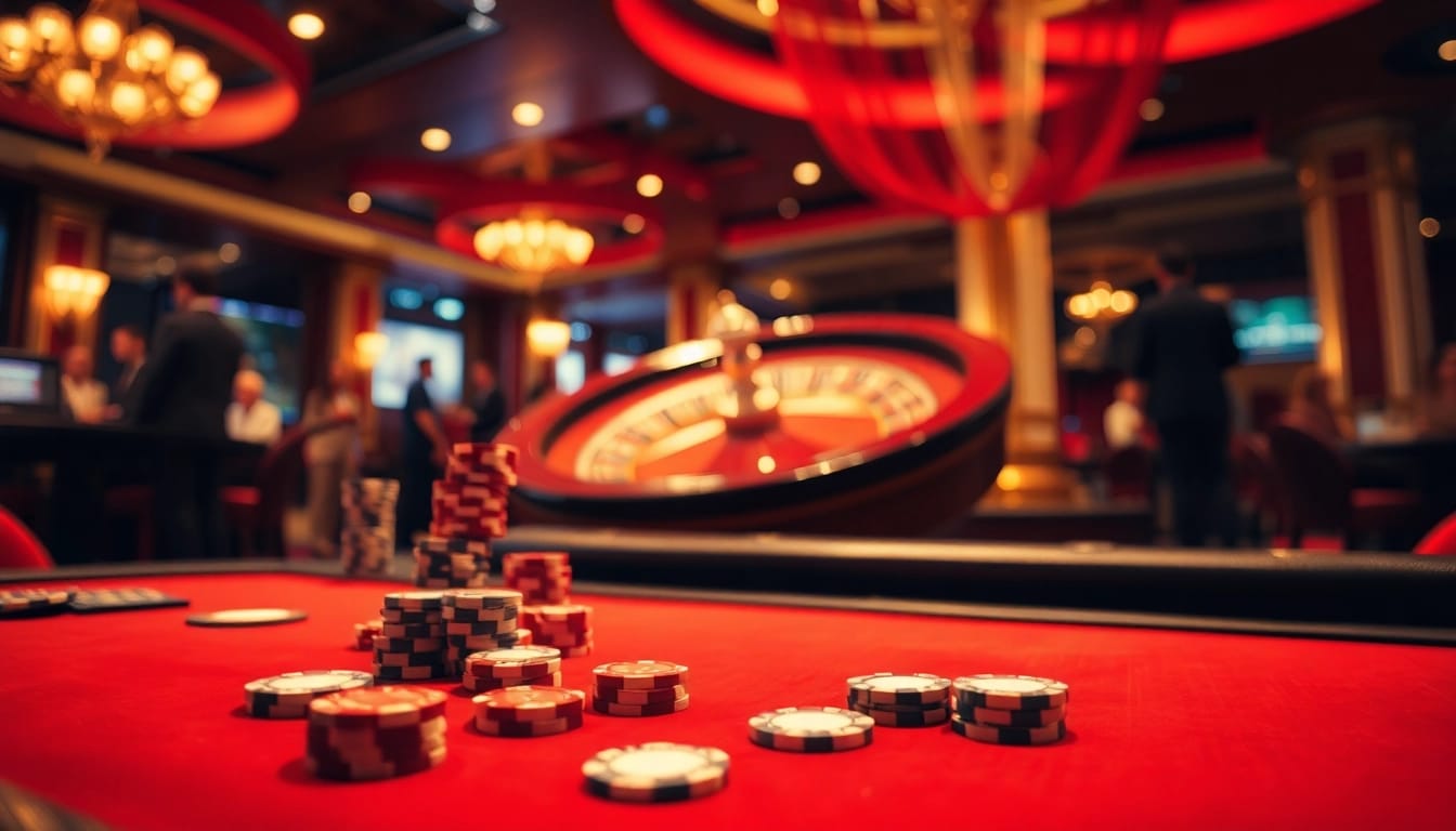 Exciting casino atmosphere showcasing gaming tables, poker chips, and roulette at 3win.com.