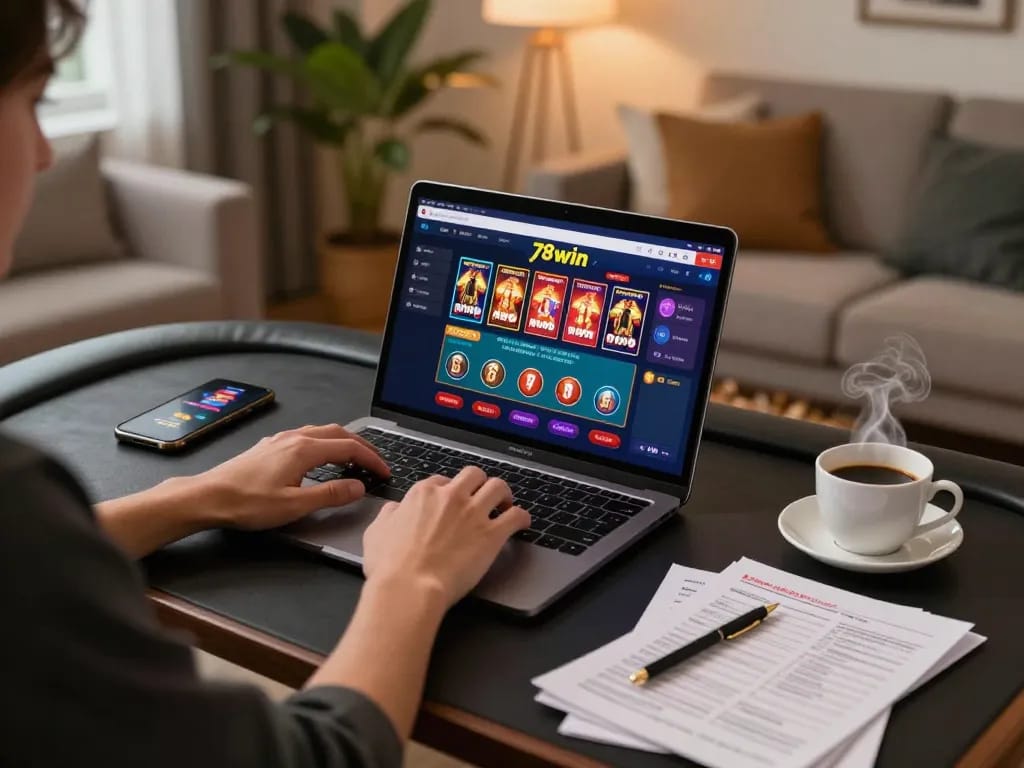 Engaging with casino 78win online gaming platform at home with laptop and strategy notes.