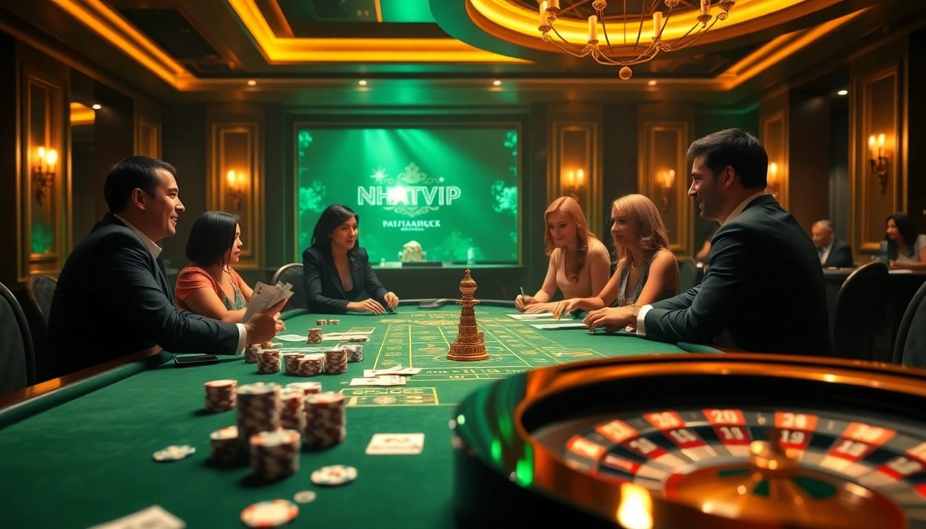 Engaged players enjoying NHATVIP casino games at a luxurious table with poker chips and cards.