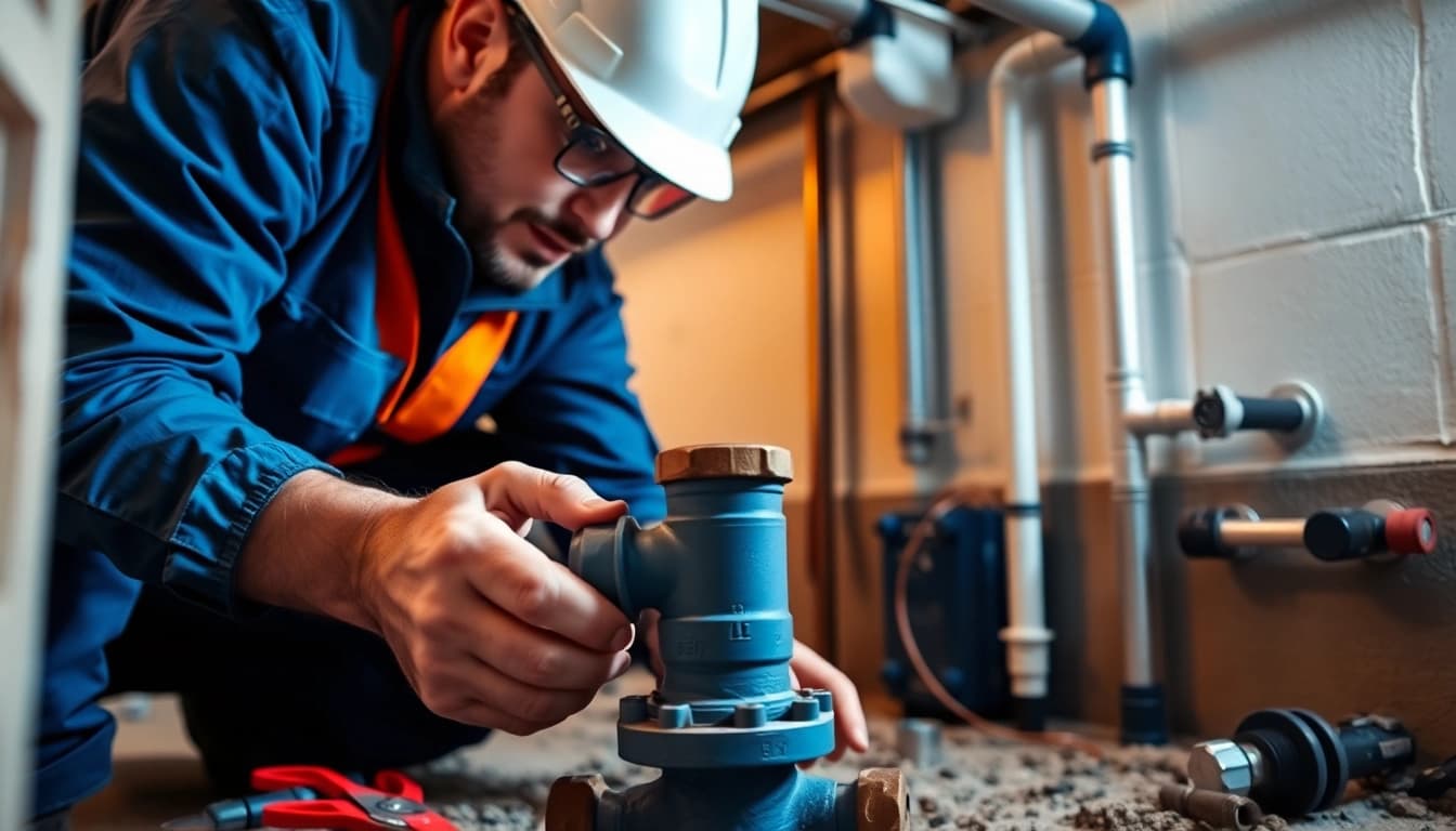 Backwater valve installation in Toronto with a skilled technician demonstrating expertise in a basement.