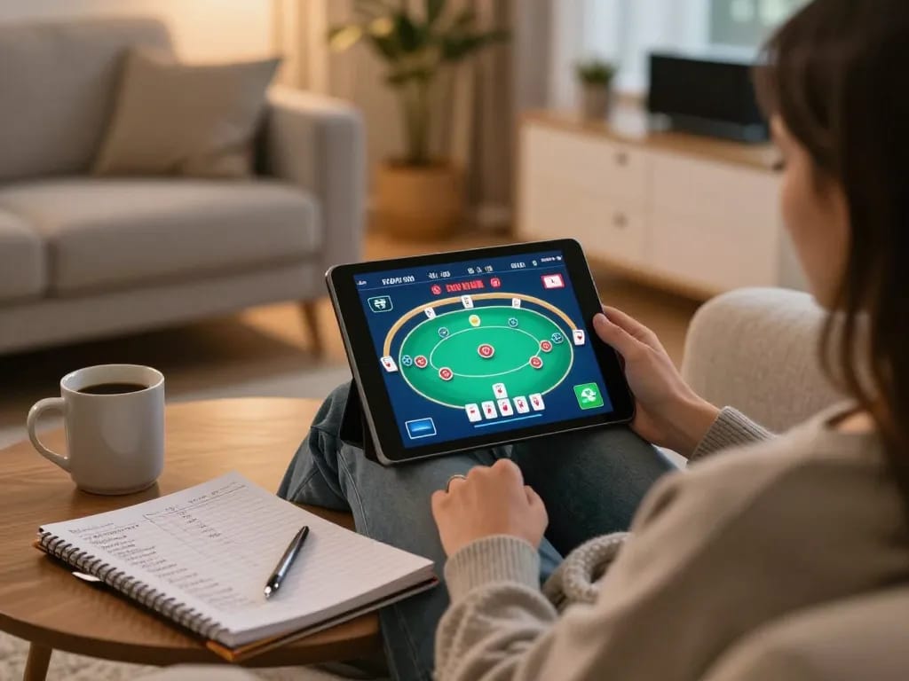 Engaged in online gambling at home, the person explores nhà cái rr88 on their tablet.