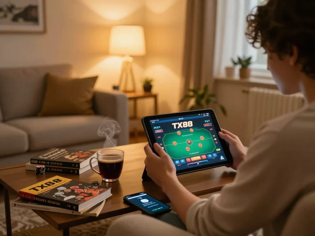 Engaging in a TX88 poker game on a tablet, showcasing a cozy home gaming environment.