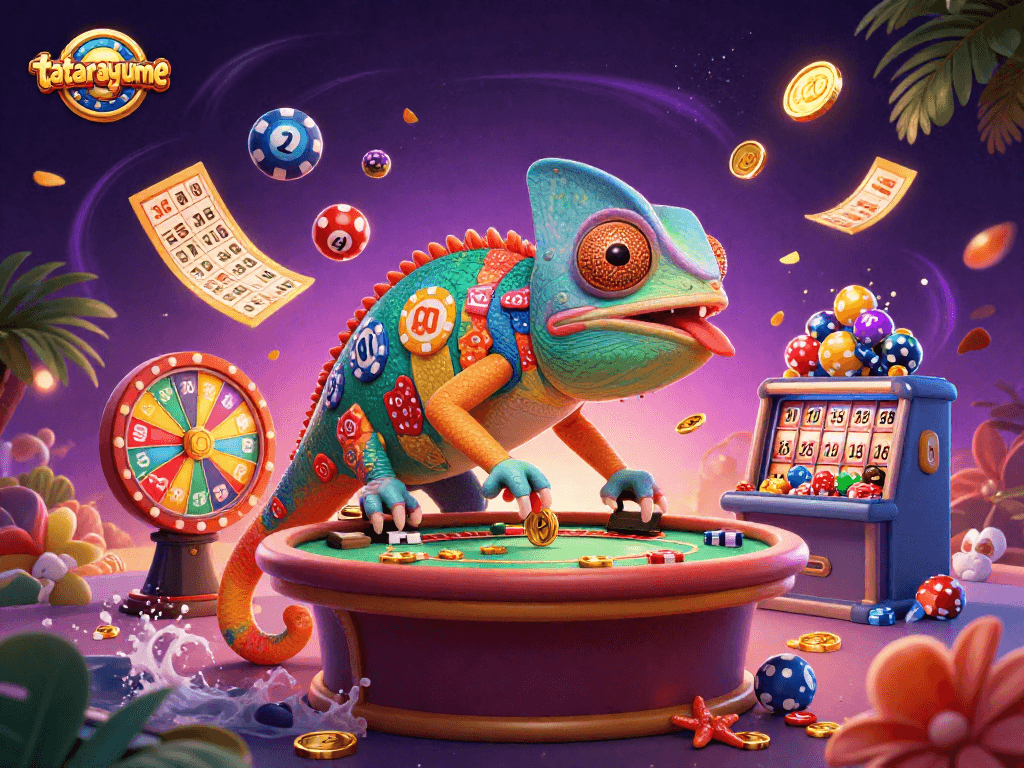 Tatarayume showcases a vibrant chameleon casino owner capturing golden coins and lottery fun!