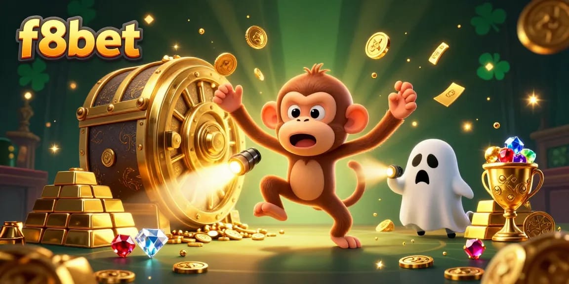 Experience the thrill of f8bet as a mischievous monkey juggles gold in a lively casino scene.