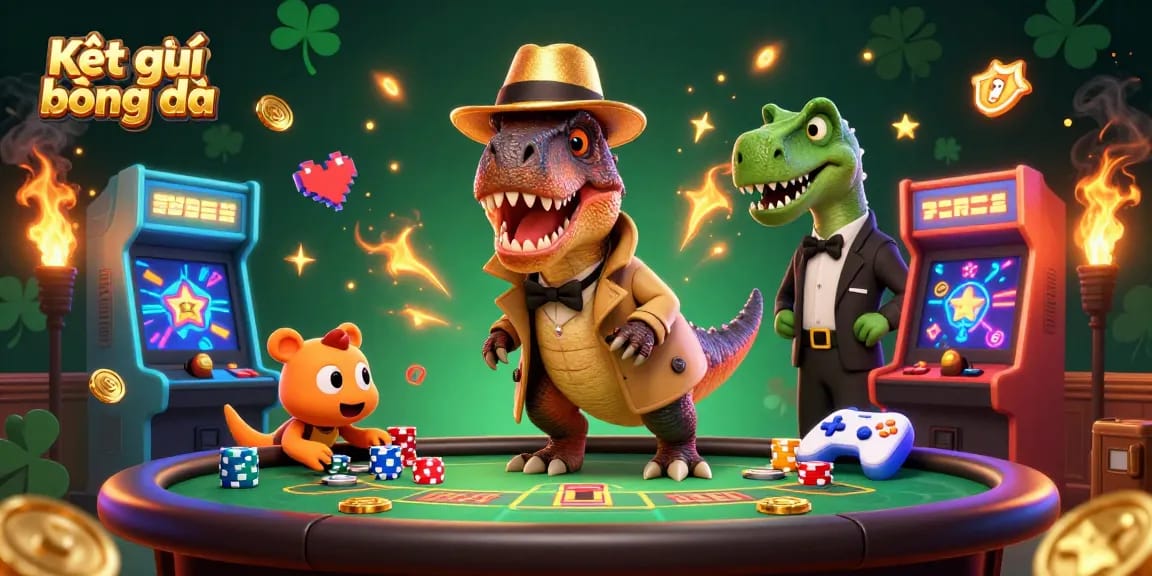 Experience Kết quả bóng đá in a dynamic, colorful scene with cartoon dinosaurs at a casino table.