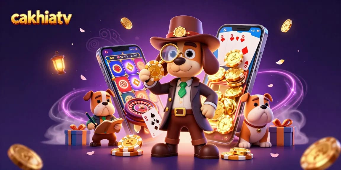 Cakhiatv engages players with a 3D illustration of detectives solving a poker mystery among vibrant casino elements.