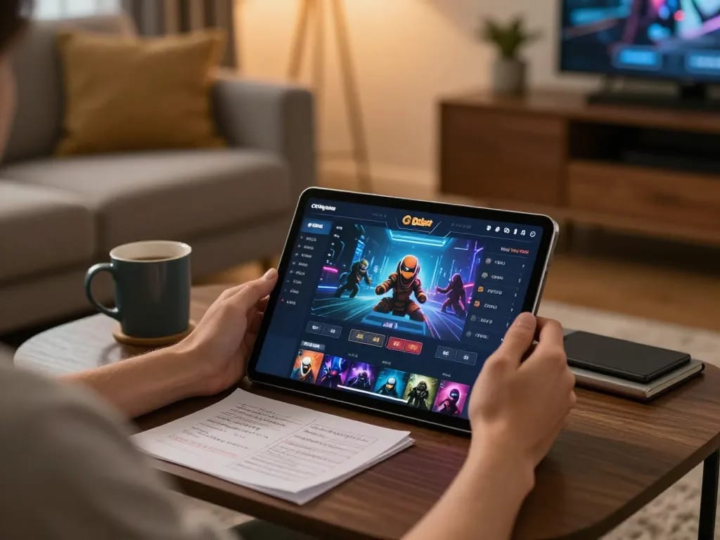 Cổng game Dabet showcasing an engaging online casino experience from a cozy home setup with a player strategizing