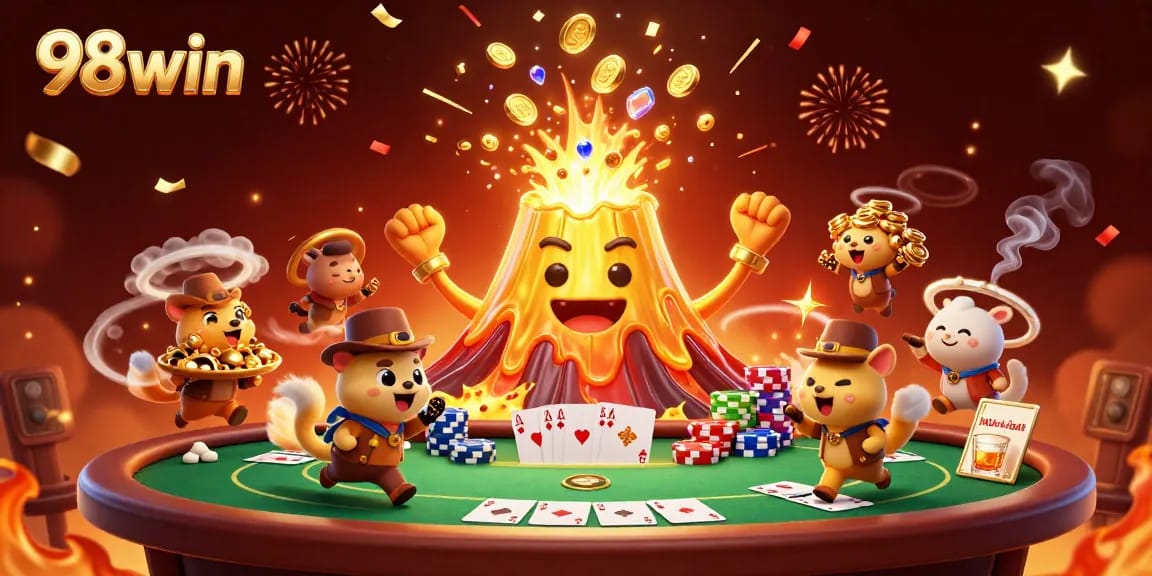 Experience the excitement of 98win's casino atmosphere with treasures and poker action.