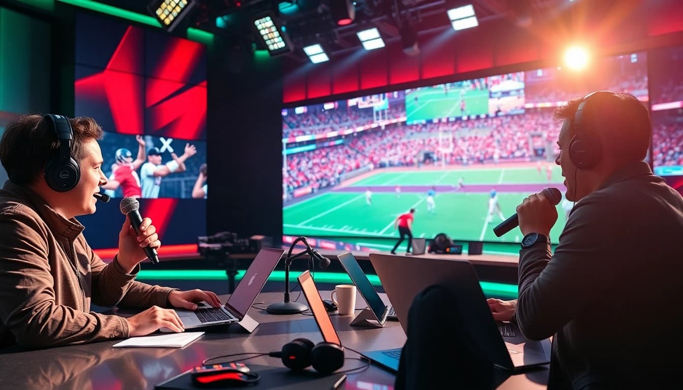 Engaging sports broadcasting scene featuring hosts during a live event commentary.