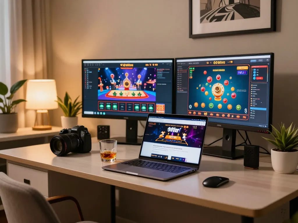 Engaging gamer enjoying 98win online casino experience with modern setup and warm atmosphere