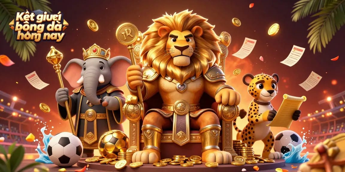 Engage with Kết quả bóng đá hôm nay through exhilarating sports betting visuals featuring a royal king and lively advisors.