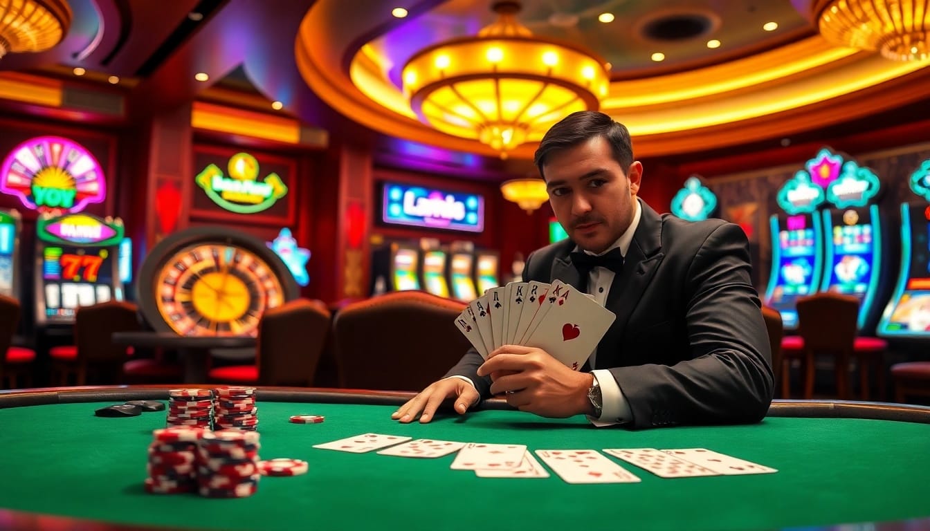 Experience the thrill of professional gambling at MI88, with vibrant casino visuals showcasing poker, roulette, and slot machines.