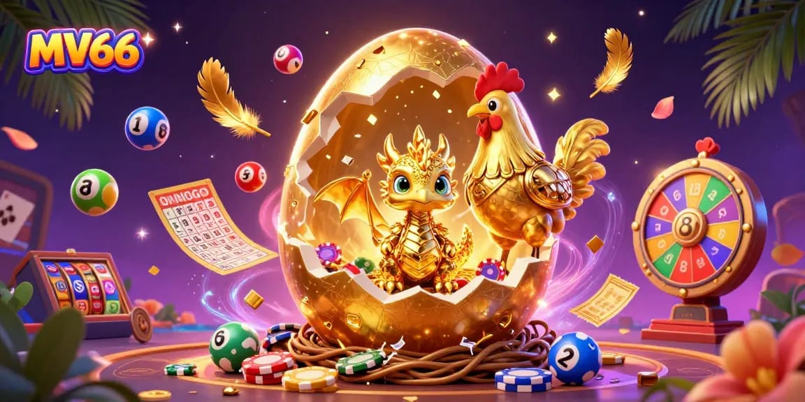 MV66 brings excitement with a golden dragon on poker chips, surrounded by vibrant lottery elements.