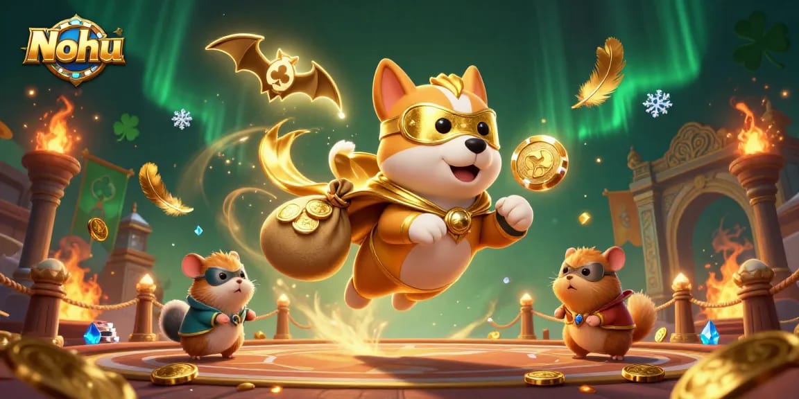 Nohu's energetic gameplay comes alive with a superhero dog celebrating wins among gold coins and poker chips.